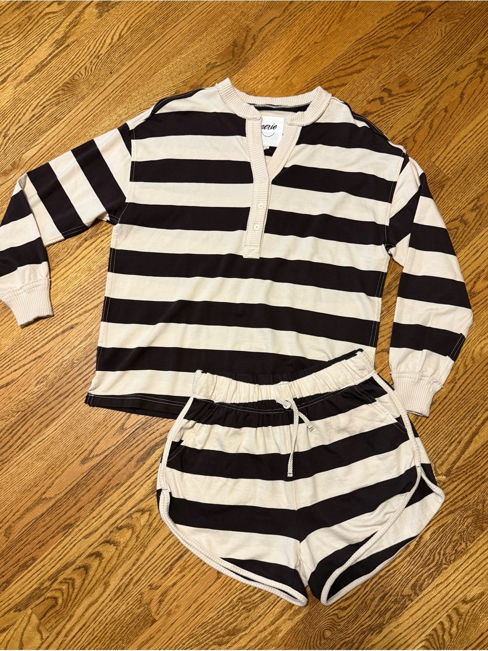 aerie Brown and Cream Striped Long-Sleeve Set